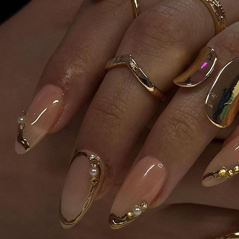 BSBTBZ Chrome Gold Press on Nails Medium Almond Stick on Nails Gold French Tip Fake Nails 3D Gilded False Nails with Pearls Rhinestones Designs Acrylic Nails for Women DIY Manicure Charms Decor Supply 24Pcs - Image 3